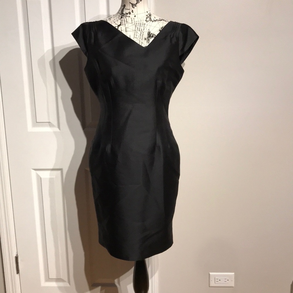 Silk Vintage Evening cap sleeve pleated pinstriped asymmetric tailored Dress M